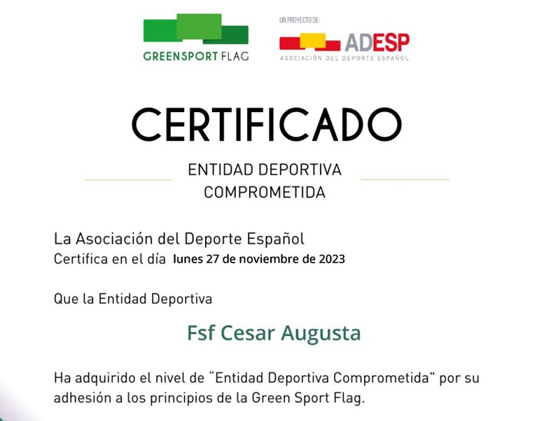 F.S.F. César Augusta obtiene el certificado de Entidad Deportiva Comprometida